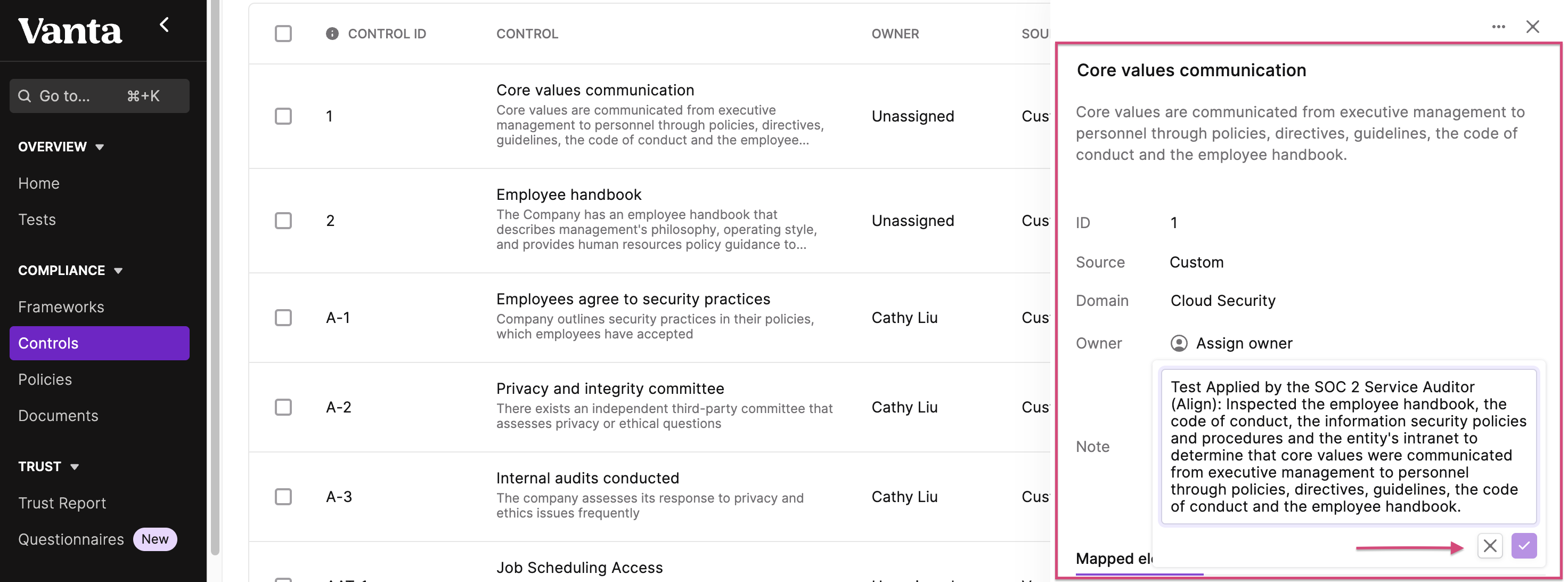 Custom Notes for Controls – Vanta